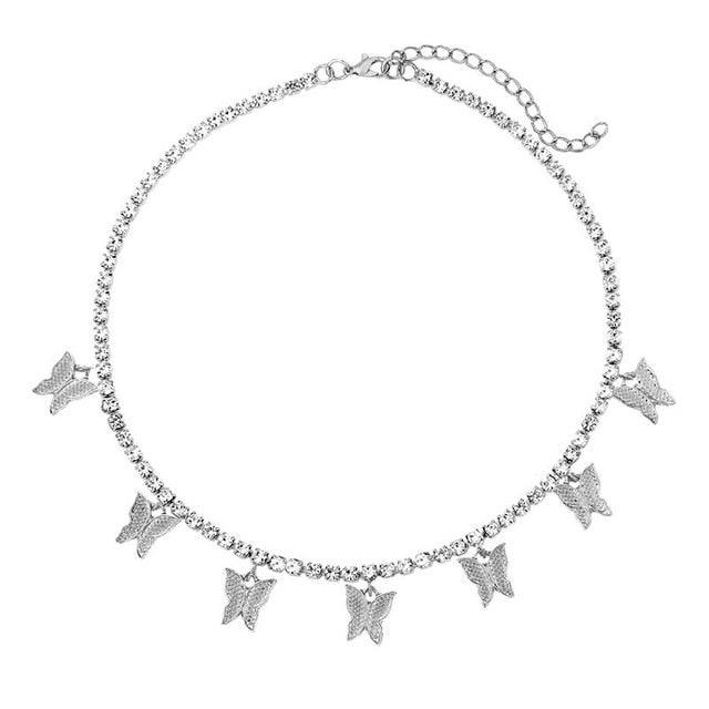 Caraquet Shining Crystal Tennis Butterfly Choker Necklaces for Women Gold Silver Color Bling Rhinestone Chain Necklaces Jewelry