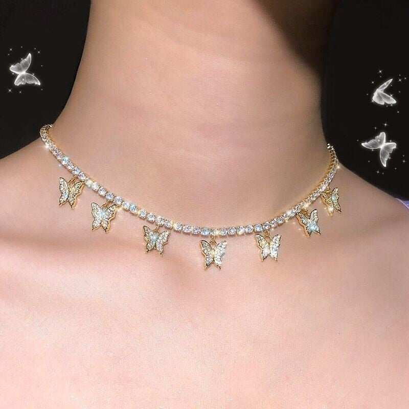 Modyle Women Jewelry Butterfly Pendant Necklace Female Rhinestone Shining Statement Crystal Charm Choker Necklace for Woman Gift