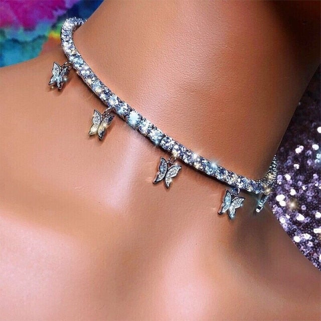 Modyle Women Jewelry Butterfly Pendant Necklace Female Rhinestone Shining Statement Crystal Charm Choker Necklace for Woman Gift