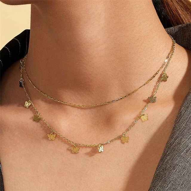 Modyle Women Jewelry Butterfly Pendant Necklace Female Rhinestone Shining Statement Crystal Charm Choker Necklace for Woman Gift