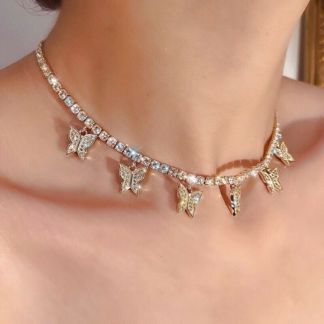 Modyle Women Jewelry Butterfly Pendant Necklace Female Rhinestone Shining Statement Crystal Charm Choker Necklace for Woman Gift