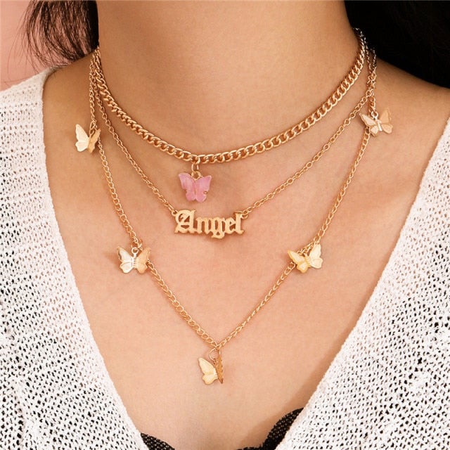 Modyle Women Jewelry Butterfly Pendant Necklace Female Rhinestone Shining Statement Crystal Charm Choker Necklace for Woman Gift