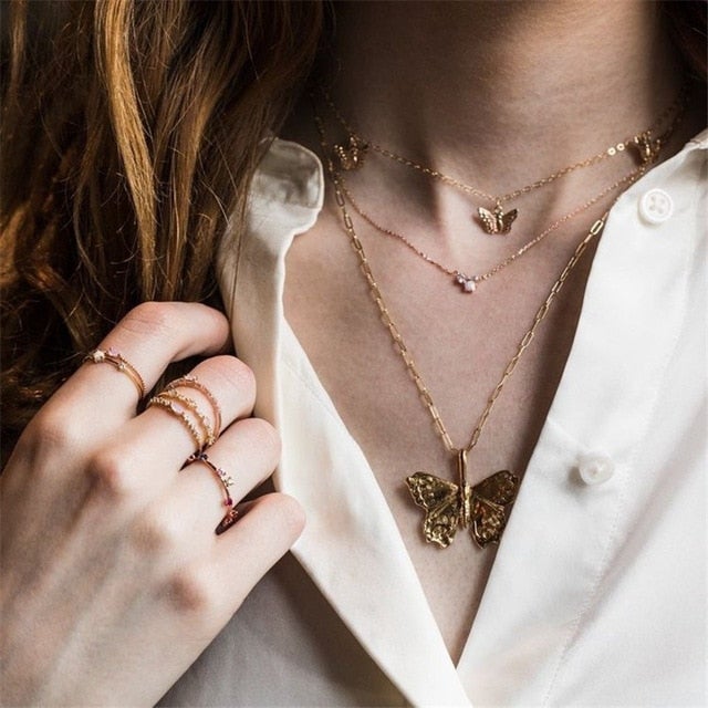 Modyle Women Jewelry Butterfly Pendant Necklace Female Rhinestone Shining Statement Crystal Charm Choker Necklace for Woman Gift
