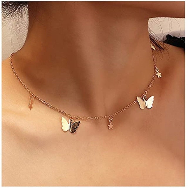 Modyle Women Jewelry Butterfly Pendant Necklace Female Rhinestone Shining Statement Crystal Charm Choker Necklace for Woman Gift