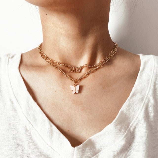 Modyle Women Jewelry Butterfly Pendant Necklace Female Rhinestone Shining Statement Crystal Charm Choker Necklace for Woman Gift