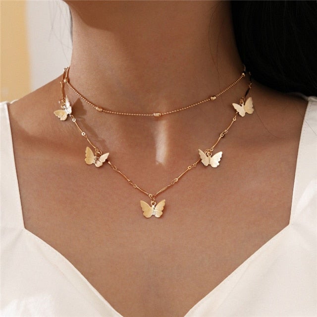 Modyle Women Jewelry Butterfly Pendant Necklace Female Rhinestone Shining Statement Crystal Charm Choker Necklace for Woman Gift