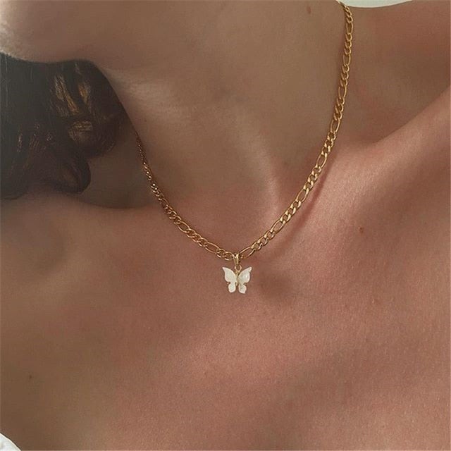 Modyle Women Jewelry Butterfly Pendant Necklace Female Rhinestone Shining Statement Crystal Charm Choker Necklace for Woman Gift