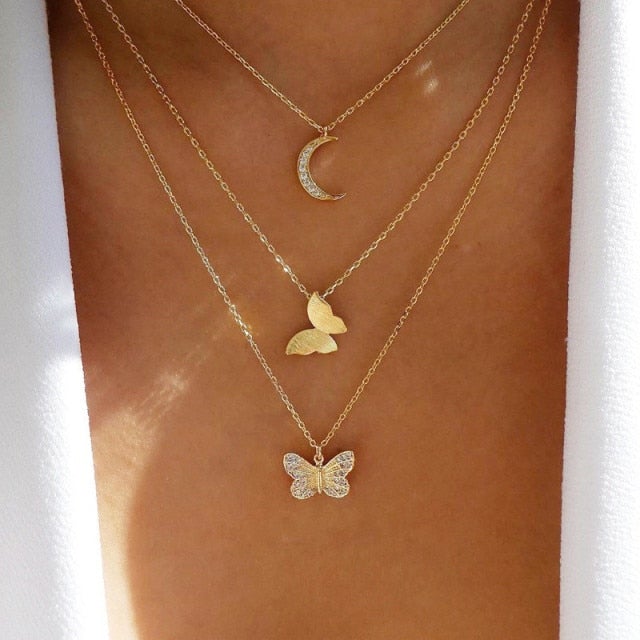 Modyle Women Jewelry Butterfly Pendant Necklace Female Rhinestone Shining Statement Crystal Charm Choker Necklace for Woman Gift