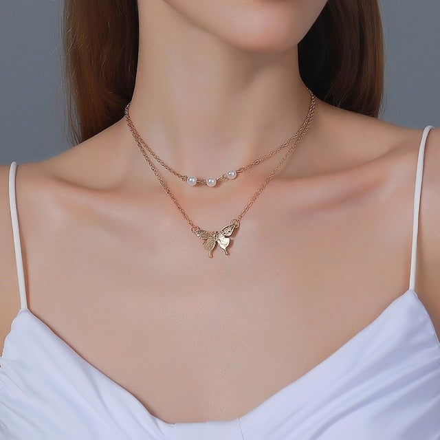 Modyle Women Jewelry Butterfly Pendant Necklace Female Rhinestone Shining Statement Crystal Charm Choker Necklace for Woman Gift
