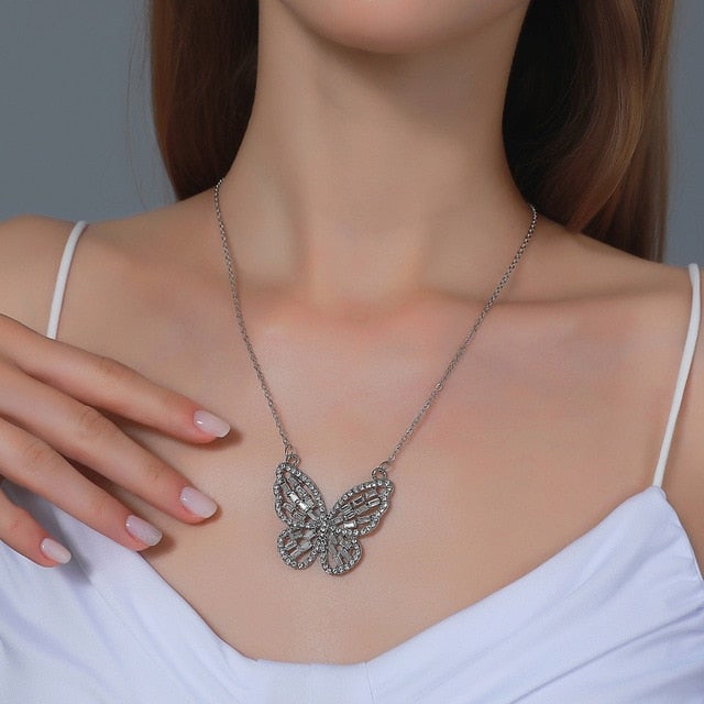 Modyle Women Jewelry Butterfly Pendant Necklace Female Rhinestone Shining Statement Crystal Charm Choker Necklace for Woman Gift