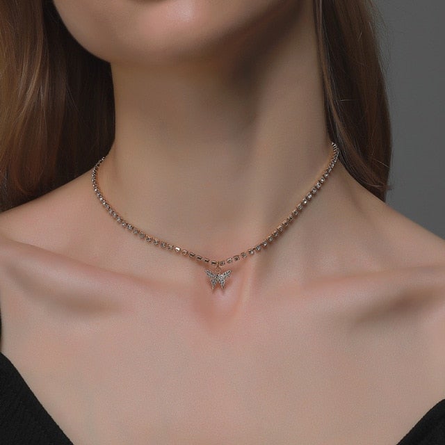Modyle Women Jewelry Butterfly Pendant Necklace Female Rhinestone Shining Statement Crystal Charm Choker Necklace for Woman Gift