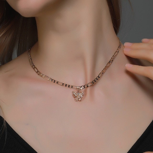 Modyle Women Jewelry Butterfly Pendant Necklace Female Rhinestone Shining Statement Crystal Charm Choker Necklace for Woman Gift