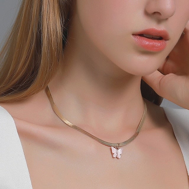 Modyle Women Jewelry Butterfly Pendant Necklace Female Rhinestone Shining Statement Crystal Charm Choker Necklace for Woman Gift