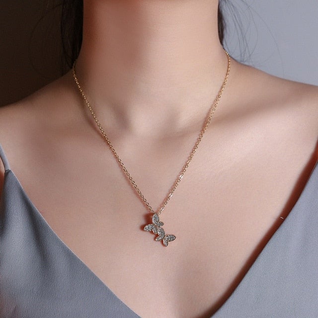 Modyle Women Jewelry Butterfly Pendant Necklace Female Rhinestone Shining Statement Crystal Charm Choker Necklace for Woman Gift