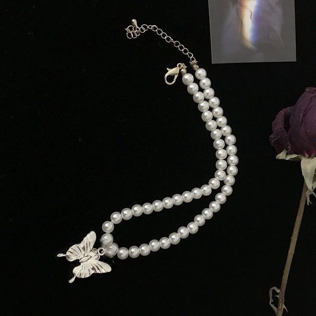 HangZhi 2020 New Short Pearl Rhinestones Choker Butterfly Titanium Steel Necklace For Women Girls Party Hot Jewelry Gifts