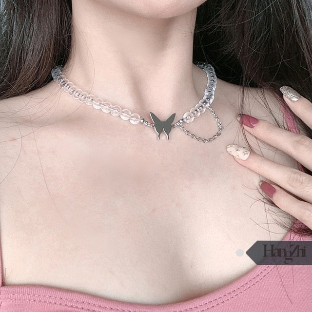 HangZhi 2020 New Short Pearl Rhinestones Choker Butterfly Titanium Steel Necklace For Women Girls Party Hot Jewelry Gifts
