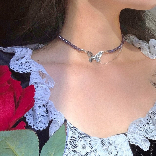 HangZhi 2020 New Short Pearl Rhinestones Choker Butterfly Titanium Steel Necklace For Women Girls Party Hot Jewelry Gifts
