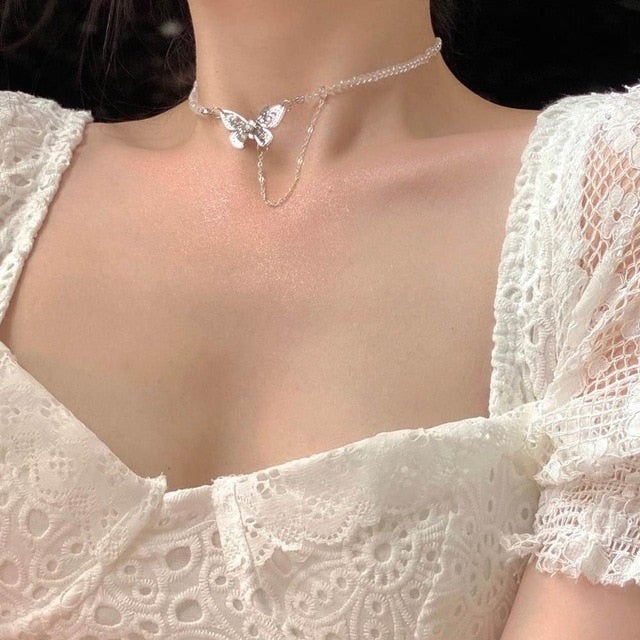 HangZhi 2020 New Short Pearl Rhinestones Choker Butterfly Titanium Steel Necklace For Women Girls Party Hot Jewelry Gifts