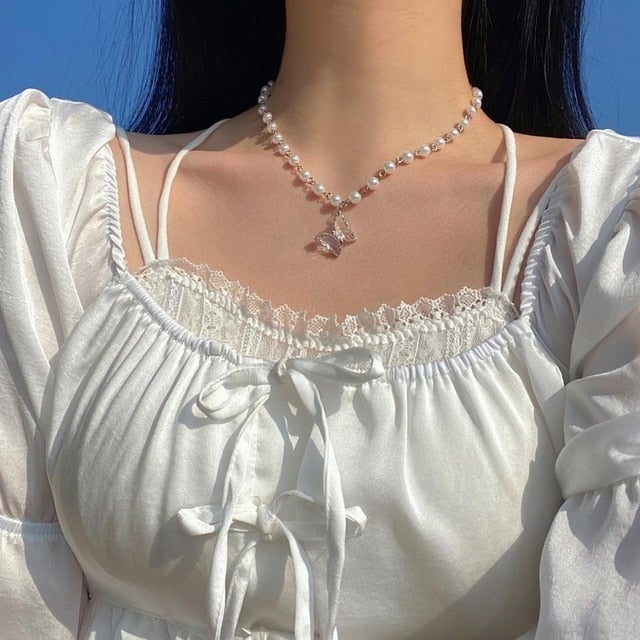 HangZhi 2020 New Short Pearl Rhinestones Choker Butterfly Titanium Steel Necklace For Women Girls Party Hot Jewelry Gifts