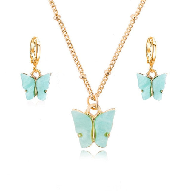 Acrylic Butterfly Earrings Pendant Necklaces Combination Set Japan and South Korea Sweet Style Alloy Chain Butterfly Jewelry Set