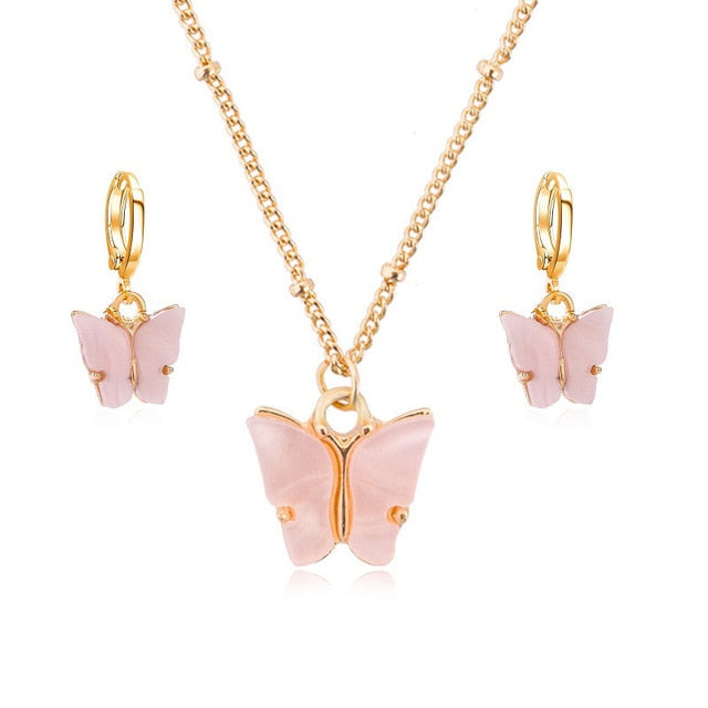 Acrylic Butterfly Earrings Pendant Necklaces Combination Set Japan and South Korea Sweet Style Alloy Chain Butterfly Jewelry Set