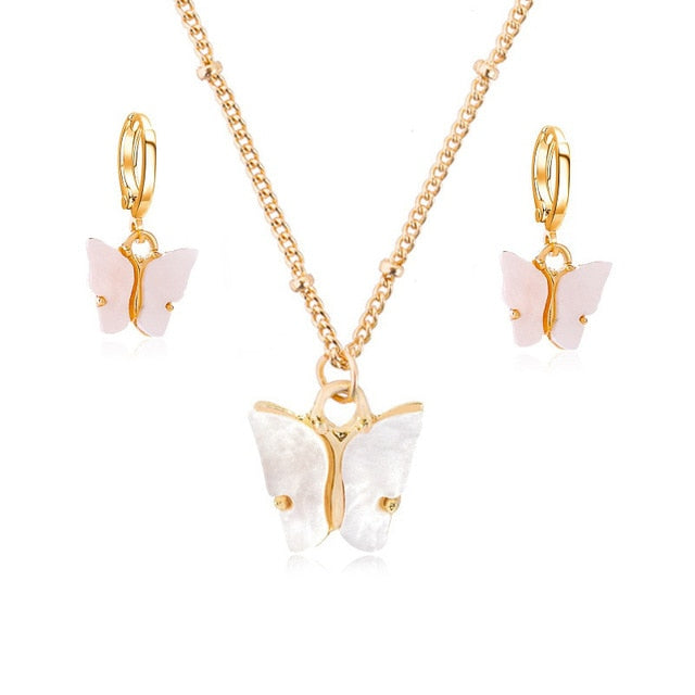 Acrylic Butterfly Earrings Pendant Necklaces Combination Set Japan and South Korea Sweet Style Alloy Chain Butterfly Jewelry Set