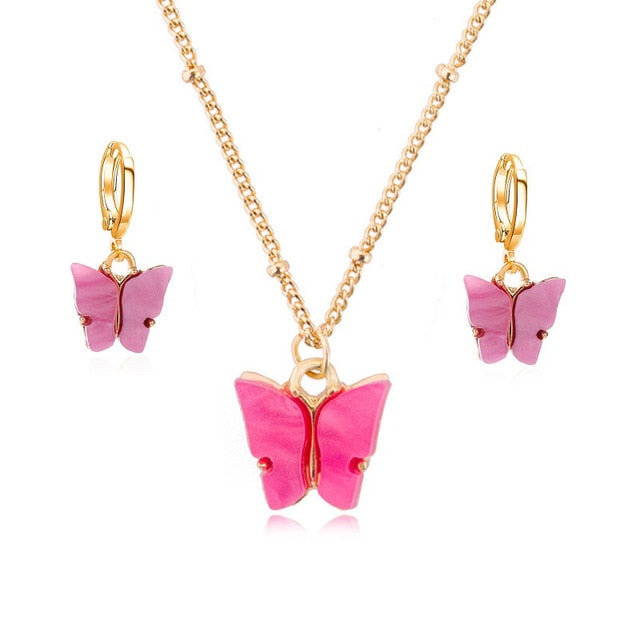 Acrylic Butterfly Earrings Pendant Necklaces Combination Set Japan and South Korea Sweet Style Alloy Chain Butterfly Jewelry Set