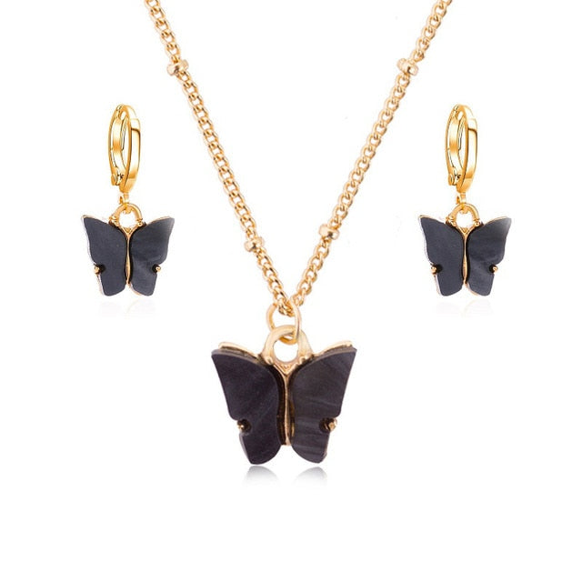 Acrylic Butterfly Earrings Pendant Necklaces Combination Set Japan and South Korea Sweet Style Alloy Chain Butterfly Jewelry Set