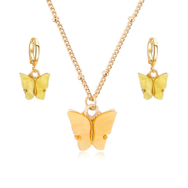 Acrylic Butterfly Earrings Pendant Necklaces Combination Set Japan and South Korea Sweet Style Alloy Chain Butterfly Jewelry Set