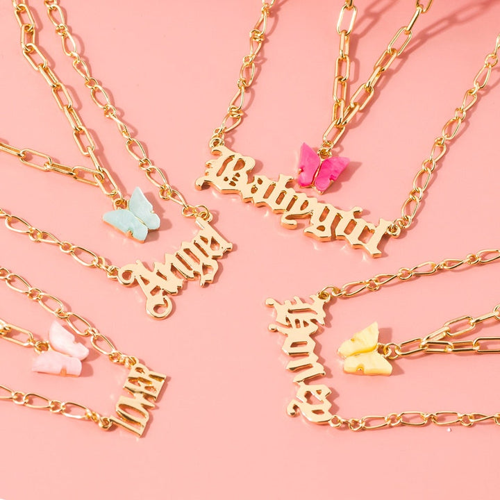 Fashion Acrylic Butterfly Old English Font Pendants Necklace Double Layer Babygirl Necklace Choker Statement Jewelry Wholesale