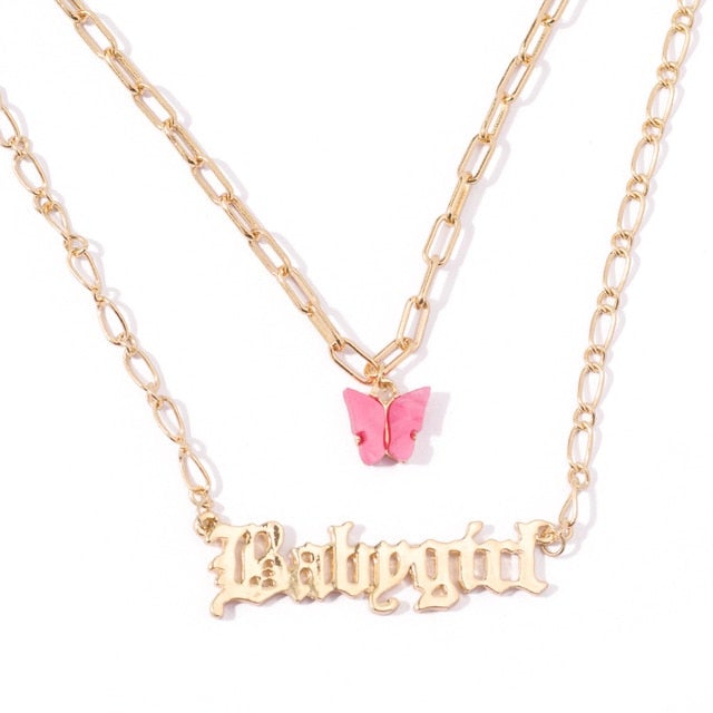 Fashion Acrylic Butterfly Old English Font Pendants Necklace Double Layer Babygirl Necklace Choker Statement Jewelry Wholesale