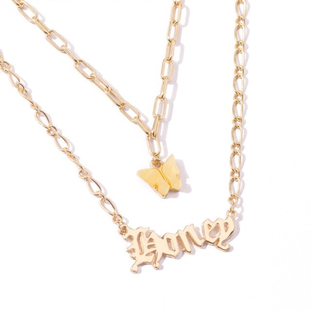 Fashion Acrylic Butterfly Old English Font Pendants Necklace Double Layer Babygirl Necklace Choker Statement Jewelry Wholesale