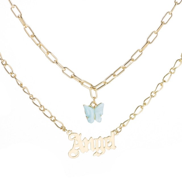Fashion Acrylic Butterfly Old English Font Pendants Necklace Double Layer Babygirl Necklace Choker Statement Jewelry Wholesale