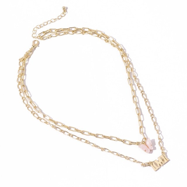 Fashion Acrylic Butterfly Old English Font Pendants Necklace Double Layer Babygirl Necklace Choker Statement Jewelry Wholesale