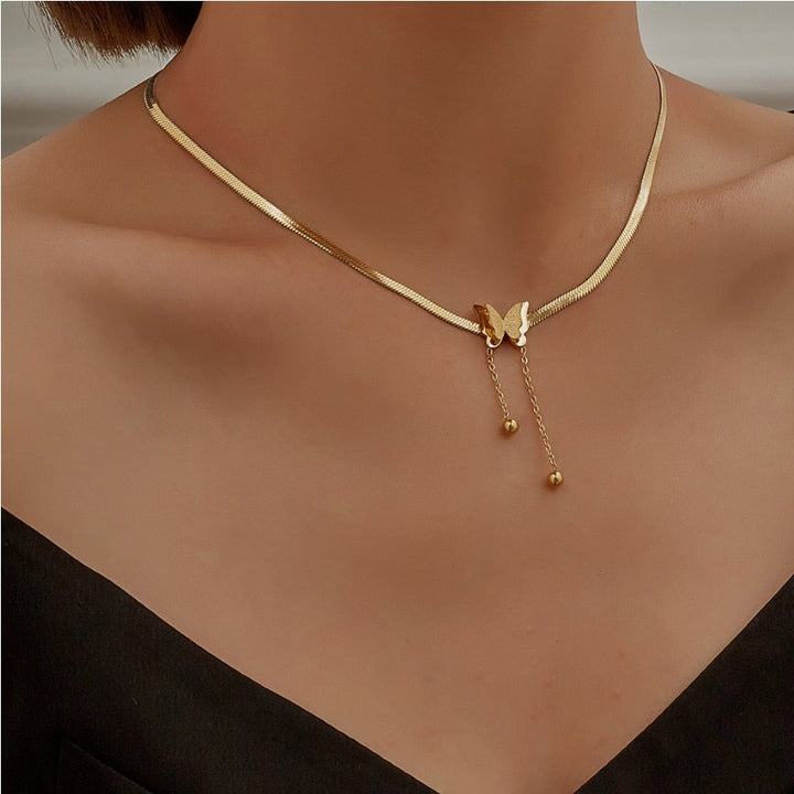 316L Stainless Steel Fashion Upscale Jewelry Matte 2-layer Butterfly Choker Charms Snake Bone Chain Necklaces Pendants For Women