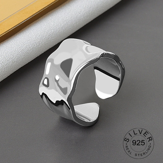 925 Sterling Silver Open Ring For Women INS Niche Irregular Wave Sand Surface Wide Noodle Original Party Birthday Gift