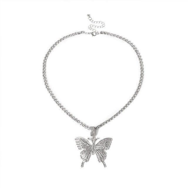 Luxury Statement Butterfly Tennis Chain Necklace Choker for Women Crystal Rhinestone Pendant Necklace Chain Jewelry
