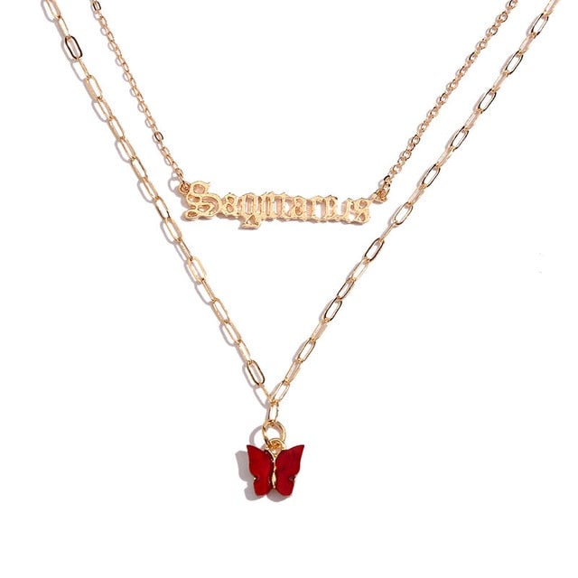 BOHO Golden Multilayer Butterfly Charms Chunky Chain Necklace For Women Crystal ANGEL Letters Pendants Necklace New 2021 Jewelry