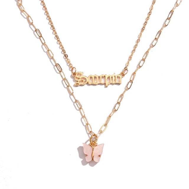 BOHO Golden Multilayer Butterfly Charms Chunky Chain Necklace For Women Crystal ANGEL Letters Pendants Necklace New 2021 Jewelry