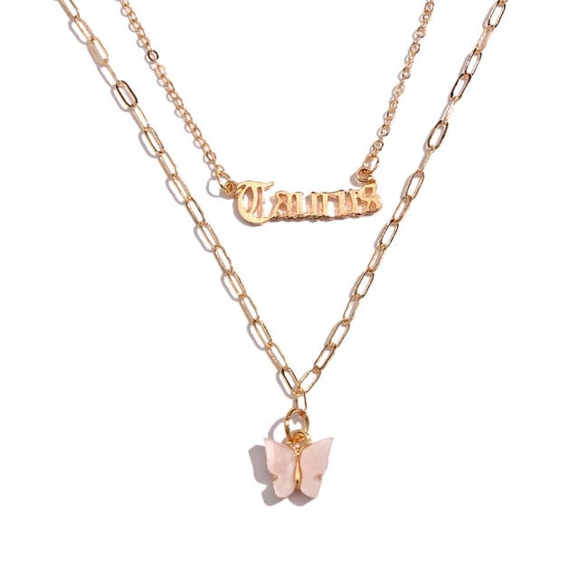 BOHO Golden Multilayer Butterfly Charms Chunky Chain Necklace For Women Crystal ANGEL Letters Pendants Necklace New 2021 Jewelry
