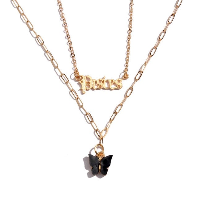 BOHO Golden Multilayer Butterfly Charms Chunky Chain Necklace For Women Crystal ANGEL Letters Pendants Necklace New 2021 Jewelry