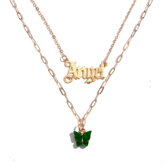 BOHO Golden Multilayer Butterfly Charms Chunky Chain Necklace For Women Crystal ANGEL Letters Pendants Necklace New 2021 Jewelry