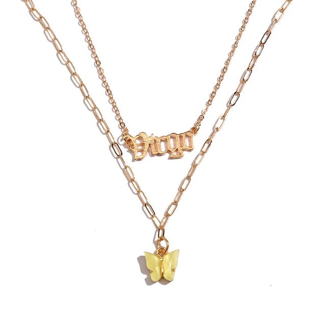 BOHO Golden Multilayer Butterfly Charms Chunky Chain Necklace For Women Crystal ANGEL Letters Pendants Necklace New 2021 Jewelry