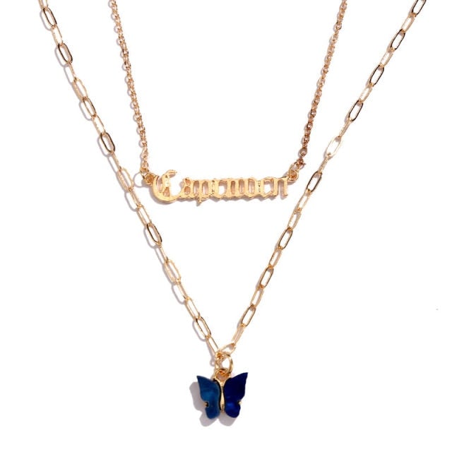 BOHO Golden Multilayer Butterfly Charms Chunky Chain Necklace For Women Crystal ANGEL Letters Pendants Necklace New 2021 Jewelry