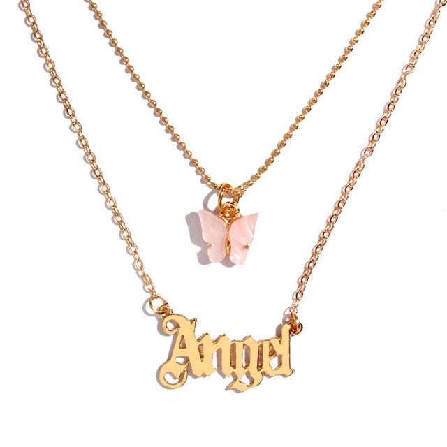 BOHO Golden Multilayer Butterfly Charms Chunky Chain Necklace For Women Crystal ANGEL Letters Pendants Necklace New 2021 Jewelry