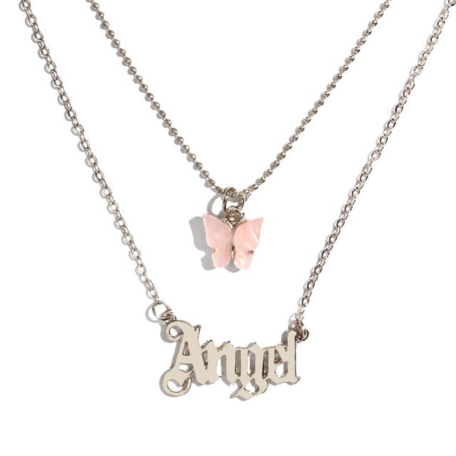BOHO Golden Multilayer Butterfly Charms Chunky Chain Necklace For Women Crystal ANGEL Letters Pendants Necklace New 2021 Jewelry