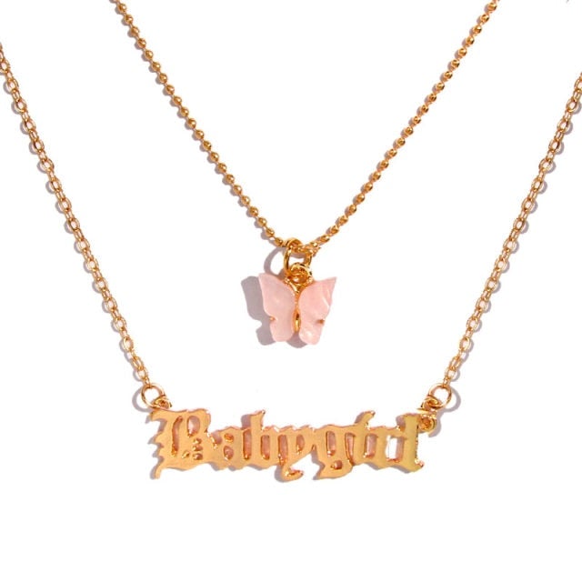 BOHO Golden Multilayer Butterfly Charms Chunky Chain Necklace For Women Crystal ANGEL Letters Pendants Necklace New 2021 Jewelry