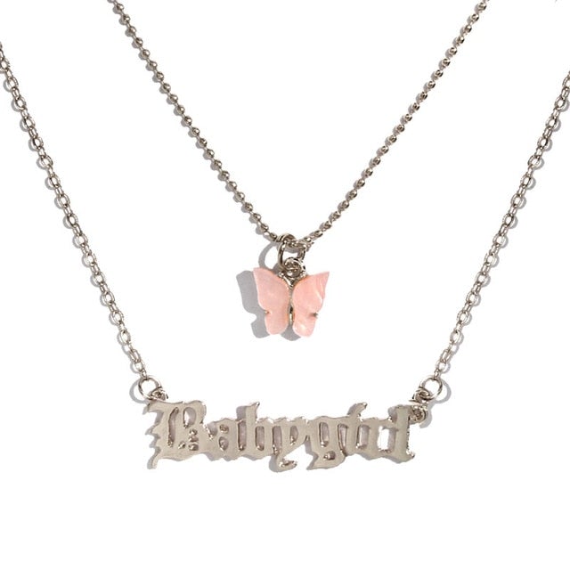 BOHO Golden Multilayer Butterfly Charms Chunky Chain Necklace For Women Crystal ANGEL Letters Pendants Necklace New 2021 Jewelry