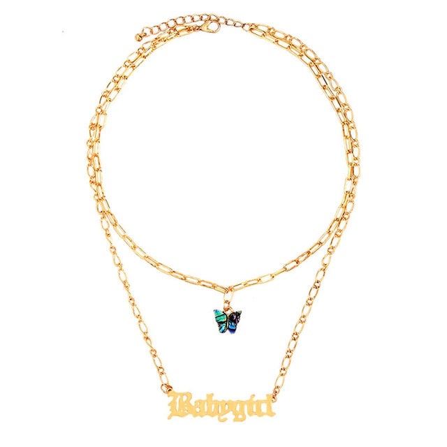 BOHO Golden Multilayer Butterfly Charms Chunky Chain Necklace For Women Crystal ANGEL Letters Pendants Necklace New 2021 Jewelry