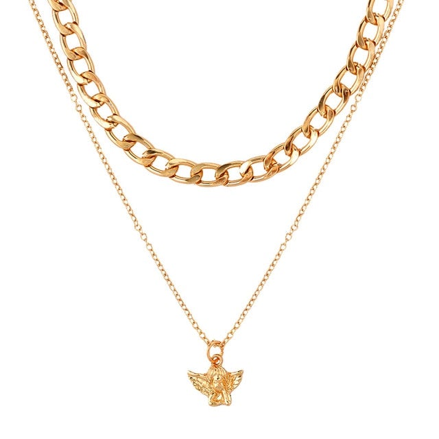 BOHO Golden Multilayer Butterfly Charms Chunky Chain Necklace For Women Crystal ANGEL Letters Pendants Necklace New 2021 Jewelry
